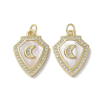 Brass Micro Pave Cubic Zirconia Pendants, with Shell, Shield, Real 18K Gold Plated, Moon, 20.5x15x3.5mm, Hole: 3mm