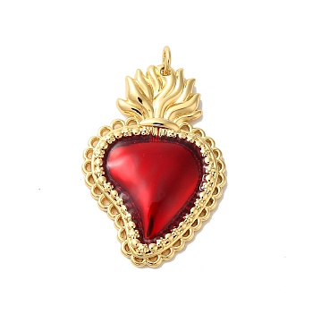 Rack Plating Brass Enamel Pendants, with Jump Ring, Cadmium Free & Lead Free, Long-Lasting Plated, Real 18K Gold Plated, Sacred Heart Charm, FireBrick, 34x23x3.5mm, Hole: 3.5mm