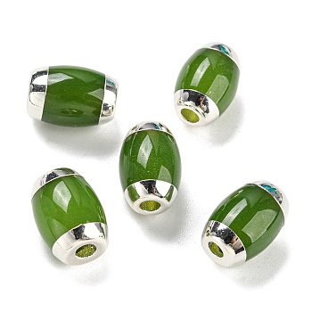 Imitation Jade Glass Beads, with Platinum Tone Brass Ends, Oval, Dark Olive Green, 14x10mm, Hole: 2.8mm