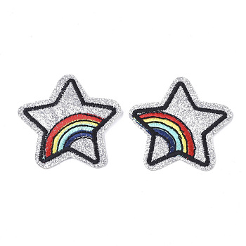 Computerized Embroidery Cloth Iron On Patches, Costume Accessories, Appliques, Star with Rainbow, Silver, 47.5x50.5x1mm