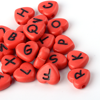 Opaque Acrylic Heart with Horizontal Hole Letter Beads, Crimson, 10.5x11.5x4.5mm, Hole: 2mm