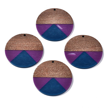 Resin & Walnut Wood Pendants, Flat Round, Marine Blue, 38x3mm, Hole: 2mm