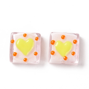 Handmade Lampwork Beads, Square with Heart Pattern, Misty Rose, 16x15x6mm, Hole: 1.8mm