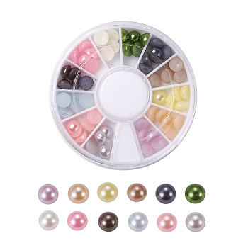 ABS Plastic Cabochons, Imitation Pearl, Nail Art Decoration Accessories, Half Round, Mixed Color, 6x3mm, about 6pcs/color, 72pcs/box