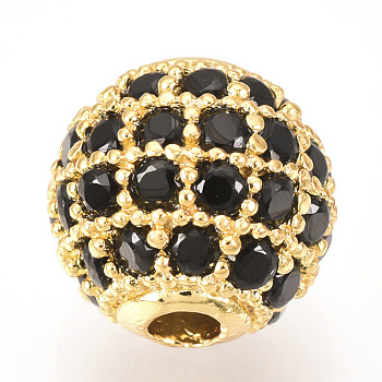 Brass Micro Pave Cubic Zirconia Beads, Round, Black, Golden, 10mm
