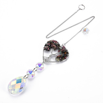 Natural Tourmaline Big Pendants, with Platinum Brass Chain Extender and Findings, Plating Glass Teardrop & Flower, Clear AB Color, Heart with Tree of Life, 130mm, Hole: 4mm