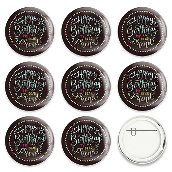 Tinplate Brooch, with Plastic Bottom & Iron Pin, Flat Round, Colorful, Birthday Themed Pattern, 58x4mm, 9pcs/set