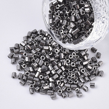 8/0 Two Cut Glass Seed Beads, Hexagon, Metallic Colours, Dark Gray, 2.5~3x2.5mm, Hole: 0.9mm, about 15000pcs/bag