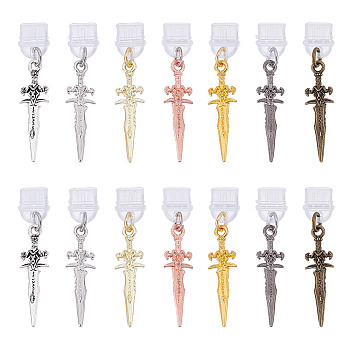14Pcs 7 Colors Plastic Mobile Dustproof Plugs, with Alloy Sword Pendants, Mixed Color, 42mm, 2pcs/color