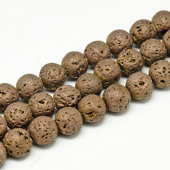 Electroplate Natural Lava Rock Beads Strands, Matte Style, Round, Copper Plated, 8x8.5mm, Hole: 1mm, about 48pcs/strand, 15.3 inch