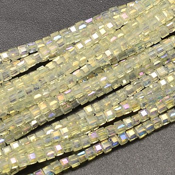 Faceted Cube Full Rainbow Plated Imitation Opal Electroplate Glass Beads Strands, Champagne Yellow, 2.5x2.5x2.5mm, Hole: 0.8mm, about 185pcs/strand, 15.7 inch
