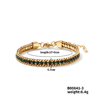 Sparkling European Style Stainless Steel Emerald Rhinestone Chain Bracelets for Women, Golden, 6-3/4 inch(17cm)