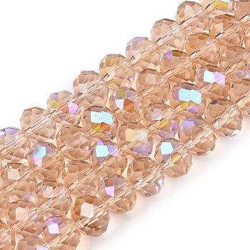 Electroplate Glass Beads Strands, Half Rainbow Plated, Faceted, Rondelle, PeachPuff, 8x6mm, Hole: 1mm, about 64~65pcs/strand, 40~41cm