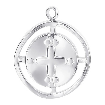 Stainless Steel Pendants, Flat Round with Cross, Stainless Steel Color, 17x14mm, Hole: 1mm