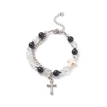 Natural & Synthetic Mixed Stone Beaded Bracelet with Cross Charm, 304 Stainless Steel Jewelry for Men Women, White, 7-5/8 inch(19.4cm)