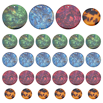 PandaHall Elite 40Pcs 4 Colors Cellulose Acetate(Resin) Pendants, Flat Round, Mixed Color, 27.5x2.5mm, Hole: 1.6mm, 10pcs/color