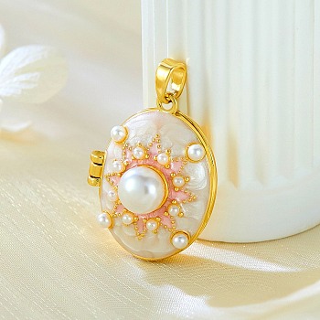 Brass Enamel Locket Pendants, with Plastic Imiatition Pearl Beads, Oval, Golden, White, 21.5x17x11mm, Hole: 4.5x2.5mm, Inner Diameter: 17x12.5mm