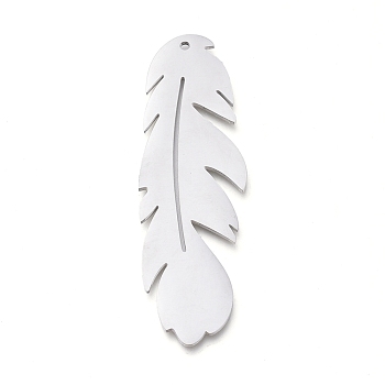 304 Stainless Steel Big Pendants, Manual Polishing, Laser Cut, Feather, Stainless Steel Color, 50x15.5x0.8mm, Hole: 1.2mm