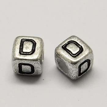 Antique Silver Plated Large Hole Acrylic Letter European Beads, Horizontal Hole, Cube with Letter.D, 6x6x6mm, Hole: 4mm, about 2950pcs/500g