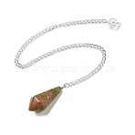 Natural Unakite Cone Pointed Dowsing Pendulums, with Silver Plated Iron Curb Chains, Faceted, 210~215mm(G-A249-02S-04)