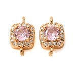Brass Pave Pink Cubic Zirconia Connector Charms, Square Links, Real 18K Gold Plated, 11x6.5x4mm, Hole: 1mm(CU-CBAEC99-14G)