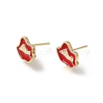 Brass with Red Enamel Stud Earring Findings, Lip, Real 18K Gold Plated, 10x13mm, Hole: 0.9mm, Pin: 11x0.8mm(KK-CBA36F9-02G)