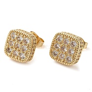 Brass Micro Pave Cubic Zirconia Stud Earring, Long-Lasting Plated, Square, Golden, 10x10mm(EJEW-H103-07G)
