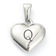 304 Stainless Steel Pendants, Heart with Black Letter, Stainless Steel Color, Letter.Q, 16x16x4.5mm, Hole: 7x3mm(STAS-P278-01Q-P)