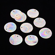 Electroplate Natural Capiz Shell Pendants, AB Color Plated, Flat Round, Seashell Color, 25x1mm, Hole: 1.5mm(SSHEL-T014-36)