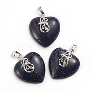 Synthetic Blue Goldstone Pendants, with Platinum Tone Brass Ice Pick Pinch Bails, Heart, 35~36x30~31x9mm, Hole: 7~8x5mm(G-I275-03J)