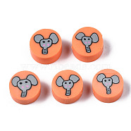 Handmade Polymer Clay Beads, for DIY Jewelry Crafts Supplies, Flat Round with Elephant, Tomato, 9~9.5x3.5~5mm, Hole: 1.6mm(CLAY-N008-036I)