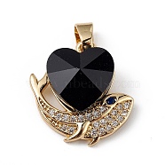 Real 18K Gold Plated Rack Plating Brass Micro Pave Cubic Zirconia Pendants, with Glass, Long-Lasting Plated, Cadmium Free & Lead Free, Heart & Whale, Black, 19x19x8mm, Hole: 5x3mm(KK-C015-28G-06)