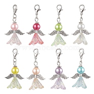 8Pcs 8 Colors Wedding Season Angel Glass Pearl & Acrylic Pendant Decorations, Zinc Alloy Lobster Claw Clasps Charms for Bag Key Chain Ornaments, Mixed Color, 44mm, Pendant: 30x22x16mm, 1pc/color(HJEW-JM01919)