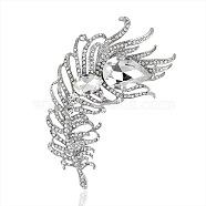 Rhinestone Feather Shape Lapel Pin, Silver Plated Alloy Brooch for Women, Crystal, 105x54mm(FEAT-PW0001-064S-01)