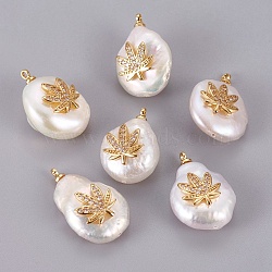 Natural Cultured Freshwater Pearl Pendants, with Brass Cubic Zirconia Cabochons, Long-Lasting Plated, Nuggets with Pot Leaf/Hemp Leaf Shape, Weed Charms, Real 18K Gold Plated, 21~23x14~15x7~11mm, Hole: 1.4~1.5mm(PEAR-F008-53G)