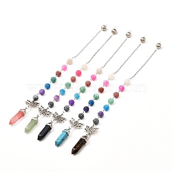 Natural & Synthetic Mixed Stone Chakra Pointed Dowsing Pendulums, Lotus with Aum ibetan Style Alloy Pendants, with 304 Stainless Steel Findings, Mixed Natural Weathered Agate Beads and Brass Filigree Beads, 235mm(PALLOY-JF00990)