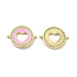 Brass Micro Pave Clear Cubic Zirconia Connector Charms, with Enamel, Flat Round with Heart Links, Real 18K Gold Plated, Pink, 14.5x19x2.5mm, Hole: 1mm(KK-E068-VB053-1)