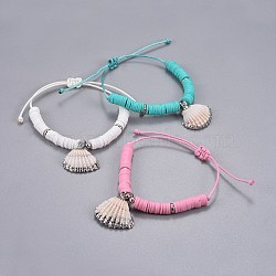 Korean Waxed Polyester Cord Braided Bracelets, with Polymer Clay Heishi Beads, Shell and Brass Findings, Mixed Color, 1-1/8 inch~3-1/4 inch(2.7~8.2mm)(BJEW-JB04264-M)