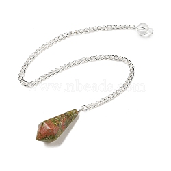 Natural Unakite Cone Pointed Dowsing Pendulums, with Silver Plated Iron Curb Chains, Faceted, 210~215mm(G-A249-02S-04)