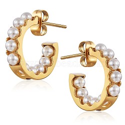 Shell Pearl C-shape Stud Earrings, 430 Stainless Steel Half Hoop Earrings for Women, Golden, 15x4mm, Pin: 1mm(JE951A)