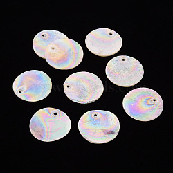 Electroplate Natural Capiz Shell Pendants, AB Color Plated, Flat Round, Seashell Color, 25x1mm, Hole: 1~1.5mm(SSHEL-T014-36)