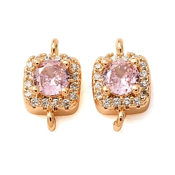 Brass Pave Pink Cubic Zirconia Connector Charms, Square Links, Real 18K Gold Plated, 11x6.5x4mm, Hole: 1mm(CU-CBAEC99-14G)