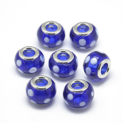 Handmade Lampwork European Beads, with Platinum Brass Double Cores, Large Hole Beads, Rondelle with Spot, Blue, 14x10.5mm, Hole: 5mm(LAMP-Q029-05)