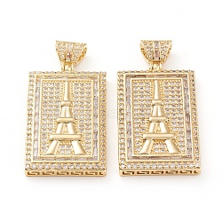 Brass Micro Pave Clear Cubic Zirconia Pendants, Long-Lasting Plated, Rectangle with Eiffel Tower, Real 18K Gold Plated, 47x24x6mm, Hole: 3.5x4.5mm(ZIRC-L093-40G)