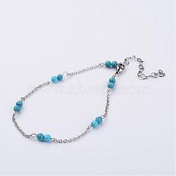 304 Stainless Steel Chain Anklets, with Synthetic Turquoise Beads, 9-1/4 inch(235mm)(AJEW-AN00170-01)
