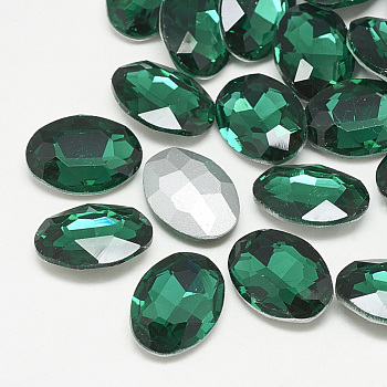 Pointed Back Glass Rhinestone Cabochons, Back Plated, Faceted, Oval, Med.Emerald, 12x10x5mm