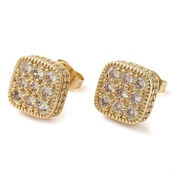 Brass Micro Pave Cubic Zirconia Stud Earring, Long-Lasting Plated, Square, Golden, 10x10mm