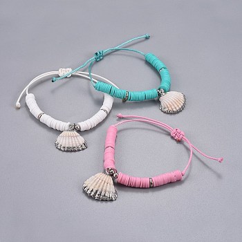 Korean Waxed Polyester Cord Braided Bracelets, with Polymer Clay Heishi Beads, Shell and Brass Findings, Mixed Color, 1-1/8 inch~3-1/4 inch(2.7~8.2mm)