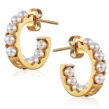 Shell Pearl C-shape Stud Earrings, 430 Stainless Steel Half Hoop Earrings for Women, Golden, 15x4mm, Pin: 1mm
