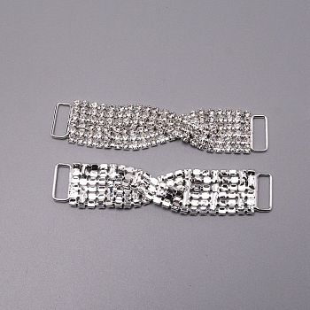 Brass Rhinestone Links Connectors, Garment Accessories, Twsited, Crystal, Silver, 86x18x5mm, Hole: 13x5mm